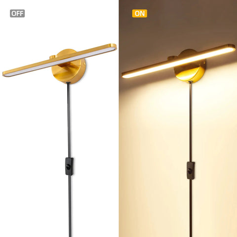 Plug In LED Wall Lamps For Vanity And Mirror, 16 Inch Modern Brass Indoor Wall Lighting Fixtures showing on and off states
