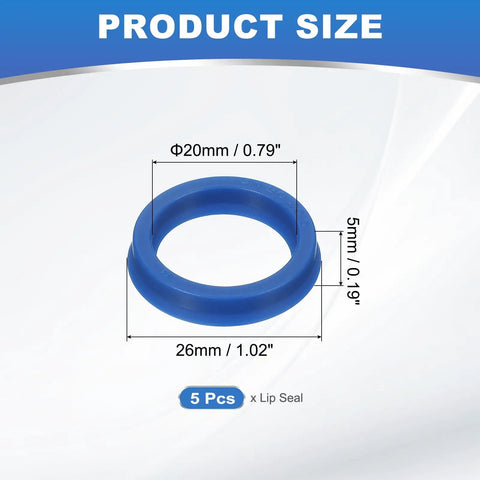Radial Shaft Seal Kit 20mm ID, 26mm OD, 5mm Wide, 5 Pcs PU Oil Seals for Industrial Bearings, Pumps, Piston Cylinders, UN Cross Section, A90 Hardness, Blue Pro Grade, 20x26x5mm