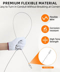 Hand holding a flexible wire designed for easy turning in conduits without breaking, ideal for wiring projects.