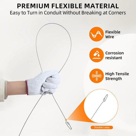 Hand holding a flexible wire designed for easy turning in conduits without breaking, ideal for wiring projects.