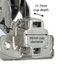 Close-up of 165 Degree Clip-On Soft Close Cabinet Hinges with Zero Protrusion showing 11.7mm cup depth and 35mm diameter.