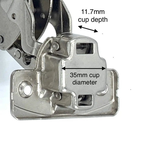 Close-up of 165 Degree Clip-On Soft Close Cabinet Hinges with Zero Protrusion showing 11.7mm cup depth and 35mm diameter.