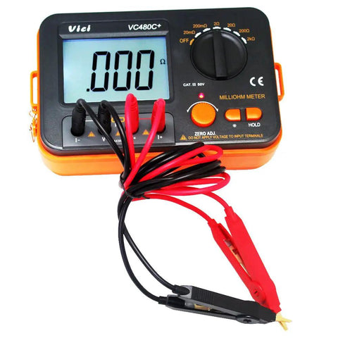 VC480C Pro-Grade Ultra-Precise Milliohm Meter With 4-Wire Kelvin Clips, large backlit LCD display, and red-black clips visible