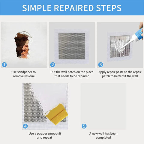Repair steps for using 6 Inch Drywall Patch Kit Six Pack Self Adhesive 6x6 Aluminum Mesh Patches for Holes and Busted Plasterboard Wall Repair