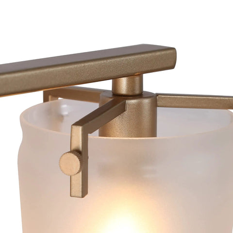 Close-up of Gold Bathroom Vanity Light Fixture Dope 2 Light Modern Bath Lighting With White Frosted Glass Shades Deep Gold Finish