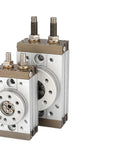 Two Amazon rotary pneumatic air cylinders, front view, high-precision rack actuators with silver bodies.