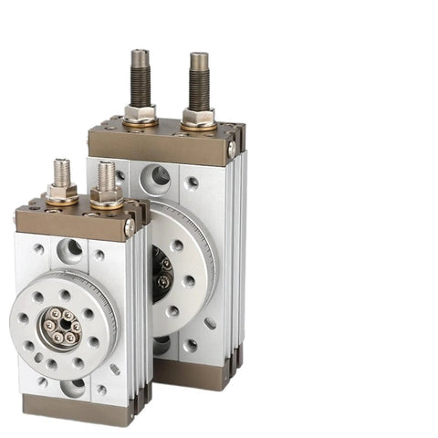 Two Amazon rotary pneumatic air cylinders, front view, high-precision rack actuators with silver bodies.