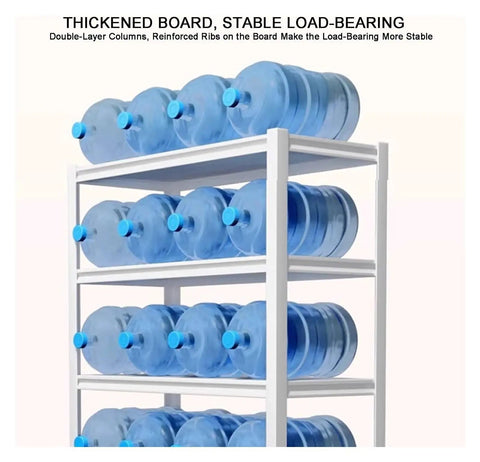 Heavy Duty 5 Tier Steel Shelving Unit With A Slick Boltless Setup and Flexible Shelf Configurations designed for storing large water jugs