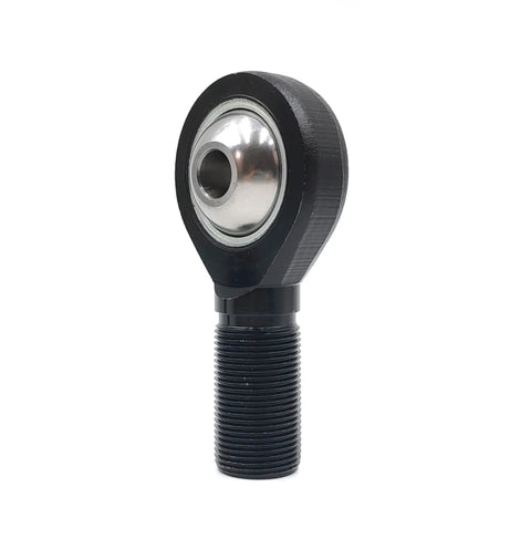 Top Shelf Male Right Hand Rod Ends 3/8 Bore 3/8-24 Threads Heat Treated 52100 Steel Heims with black oxide finish, side view.
