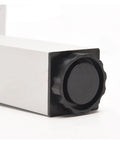 Close-up of adjustable aluminum furniture leg, black knob detail, from Adjustable Aluminum Furniture Legs 4 Pack, 30 to 50 cm, Silver.