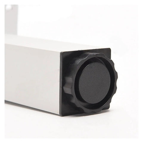 Close-up of adjustable aluminum furniture leg, black knob detail, from Adjustable Aluminum Furniture Legs 4 Pack, 30 to 50 cm, Silver.
