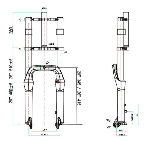 Technical drawing of Air Suspension Front Fork For 20 Inch 4.0 Fat Tire Bikes And Ebikes 135mm Spacing One Eighth Inch Straight Tube