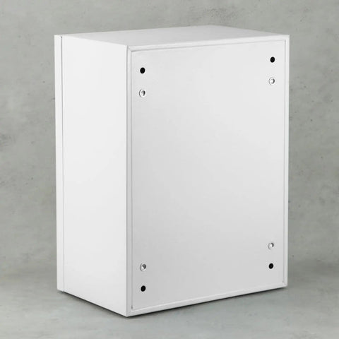 Heavy Duty Carbon Steel Electrical Enclosure 16x12x8 side view showing rear panel with mounting holes for installation.