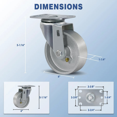 Heavy Duty 4 Inch Caster Wheels Set Of 4 With 1600 Pounds Capacity Industrial Plate Casters Semi Steel Cast Iron Wheels