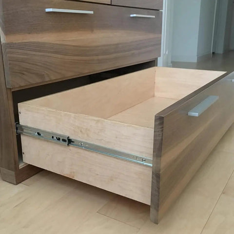 Side view of cabinet with open drawer showing Six Pairs Of 24 Inch Drawer Slides With Soft Close And Full Extension, Heavy Duty Side Mount Rails