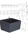 Rock Solid And Built Tough 80 Piece Peg Board Hooks And Bins Set For Garage Tool Storage Wall Mount Organizer With Steel Pegs features hooks and a black bin.