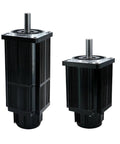 Pair of black finned servo motors with top mounting flanges and vertical shafts