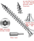 Top Shelf Carbon Steel Wood Screws Number Six By One Inch Flat Countersunk Heads With T10 Torx Star Drive Self Tapping Galvanized Deck Fasteners 200 Pack view showing unique screw features and Torx drive