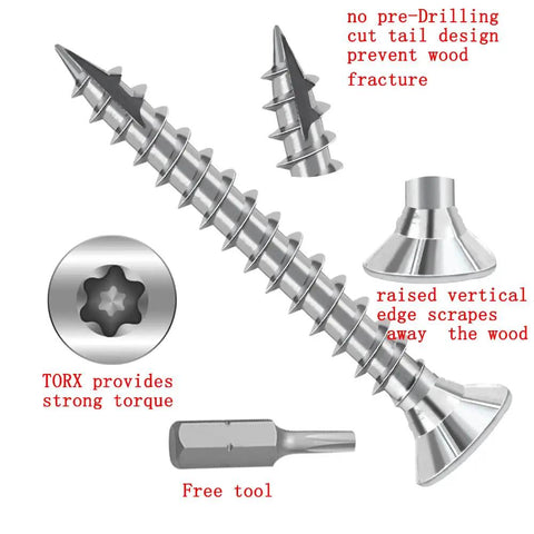 Top Shelf Carbon Steel Wood Screws Number Six By One Inch Flat Countersunk Heads With T10 Torx Star Drive Self Tapping Galvanized Deck Fasteners 200 Pack view showing unique screw features and Torx drive