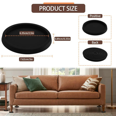Top Notch 2.5 Inch Furniture Coasters 12 Pack Non Slip Bed Leg Pads Rubber Floor Protectors Anti Skid Caster Cups No Sweat Grip Solid Black, showing size dimensions.