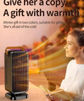 A woman sitting near a 1500W Ceramic Heater For Indoor Use In Large Rooms With Thermostat, 3 Heat Settings And Fan, Portable Desk Size.