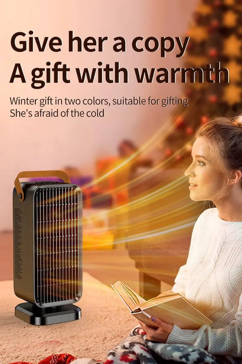 A woman sitting near a 1500W Ceramic Heater For Indoor Use In Large Rooms With Thermostat, 3 Heat Settings And Fan, Portable Desk Size.