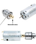 Mini DC 12V Hand Drill Kit With JT0 Chuck, 10 Piece Twist Drill Bit Set shown with removable chuck and 12V motor