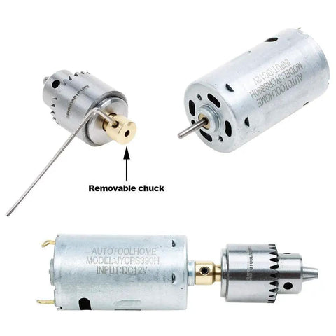 Mini DC 12V Hand Drill Kit With JT0 Chuck, 10 Piece Twist Drill Bit Set shown with removable chuck and 12V motor