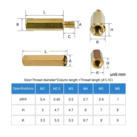 Pro Grade Hex Brass Standoff Kit For M2.5 M3 M4 PCBs And Motherboard Spacing With Male And Female Pillars Bolts Nuts Complete 210 Piece Assortment For Precise Stacking And Durable Builds. Brass hex standoff dimensions chart for PCB and motherboard spacing, M2-M6