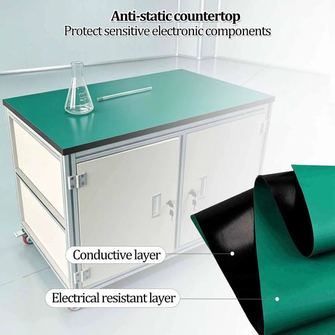 Rock Solid Rolling Workbench With Antistatic Surface And Heavy Duty Steel Frame Built Damn Tough Three Tier Storage Cart For Garage Repairs Or Lab Projects Smooth Casters Make It Roll Like Silk with green anti-static countertop and storage cabinets.