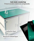 Top Shelf Heavy Duty Three Tier Industrial Workbench With Smooth Rolling Brake Casters And True Antistatic Surface showing antistatic counter top.