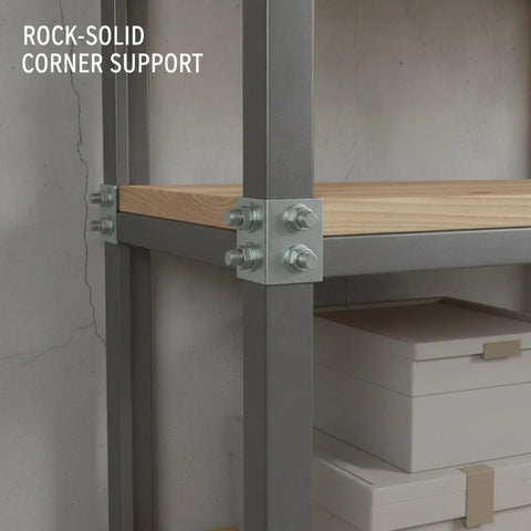 1 Pack Corner Shelf Connector Bracket Made From Steel 90 Degree Joint for DIY Shelving Projects, silver finish support with boxes