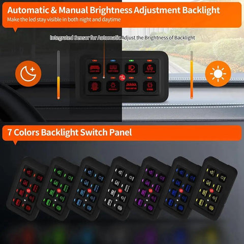 8 Gang Switch Panel RGB LED Light Switch Panel multifunction toggle for offroad vehicles with 7 color backlight display