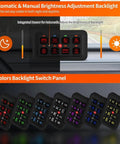 8 Gang RGB LED Switch Panel With Toggle, Momentary, And Pulsed Touch Control in multi-color backlit display grid.