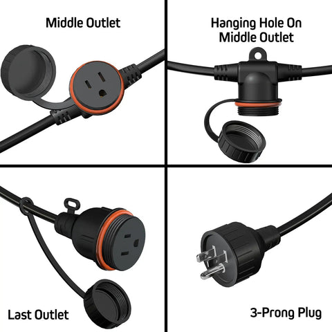 50 Foot Black Outdoor Extension Cord With Six Evenly Spaced Outlets And Waterproof Cover For Outdoor Lighting And Holiday Decorations Weatherproof SJTW Sixteen Three ETL Listed Great For Christmas Lights Halloween Decor And Backyard Projects