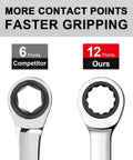 Comparison of wrenches showing 12-point box end of Ratcheting Seven Eighth Inch Combination Wrench With 72 Tooth Gear versus 6-point competitor