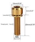 Top Shelf Titanium Bike Bolts M6 Hex Socket Screws Pack Of Four Gold Anodized High Strength Corrosion Resistant Cycle Hardware For Mountain And Road Rides Beefy Build For Daily Wrenching Joy showing dimensions and details of a 20mm titanium bolt.