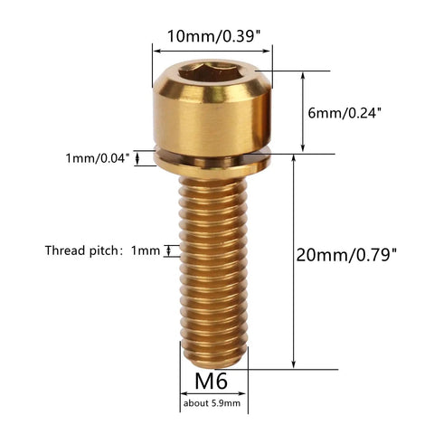 Top Shelf Titanium Bike Bolts M6 Hex Socket Screws Pack Of Four Gold Anodized High Strength Corrosion Resistant Cycle Hardware For Mountain And Road Rides Beefy Build For Daily Wrenching Joy showing dimensions and details of a 20mm titanium bolt.