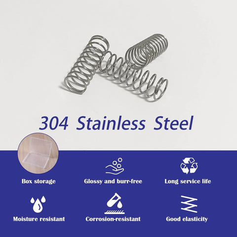 Front view of several small 304 stainless steel compression springs, 1/2 in diameter by 1-1/2 in length, on white background
