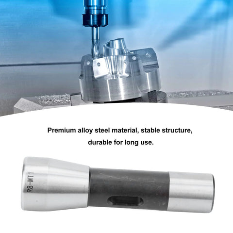 Morse taper drill sleeve adapter R8 to MT1, alloy steel construction, high-precision spindle holder for lathe machining.