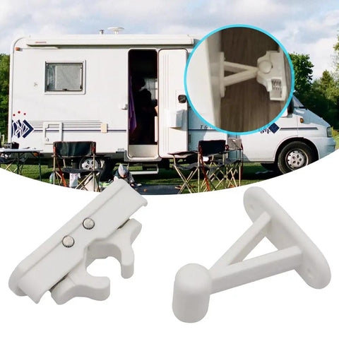 Door Retainer Catch Kit For Camper RV Motorhome Caravan Accessory Made From Durable Nylon PA66 Plastic displayed with camper