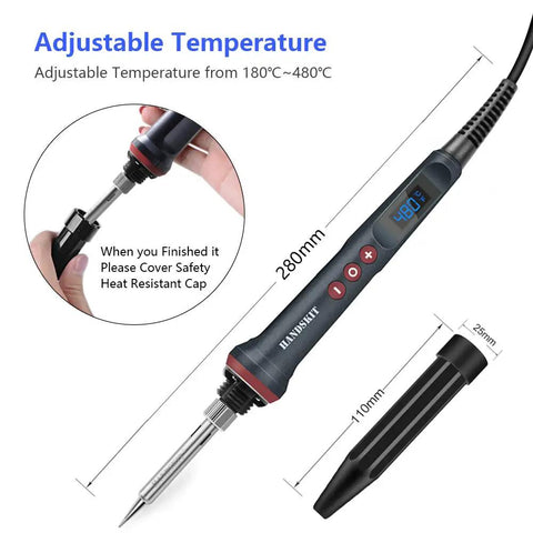 All-In-One 90W Adjustable Soldering Iron Kit With LED Display 180-480C Temperature Range showing dimensions and safety cap