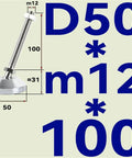 Heavy Duty Adjustable Leveling Feet With Swivel Base Articulating Legs And Furniture Glide Pads Rock Solid Construction Built To Take Any Hit On Uneven Floors No Sweat Setup M12 To M24 Thread Size 2 Pack with measurements shown.