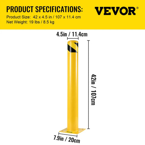Rock Solid Steel Safety Bollard 42 Inch Tall 4.5 Inch Diameter Yellow Powder Coat Impact Resistant Traffic Guard With Anchor Bolts visible from the side.