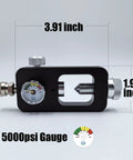 DIN Scuba Fill Station 4500psi HPA Filling Adapter Valve with 5000psi gauge, black metal body, close-up with dimensions.