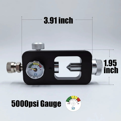 DIN Scuba Fill Station 4500psi HPA Filling Adapter Valve with 5000psi gauge, black metal body, close-up with dimensions.