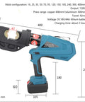 Pro Grade Slick Cordless Electric Hydraulic Crimping Pliers Rechargeable Battery Powered Wire Connector Press Machine with tool dimensions shown.