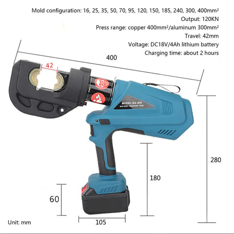 Pro Grade Slick Cordless Electric Hydraulic Crimping Pliers Rechargeable Battery Powered Wire Connector Press Machine with tool dimensions shown.