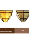 Tiffany Style 12 Inch Wide Wall Sconce lamp with stained glass Mission shade, lit and unlit views, handcrafted for wall lighting.