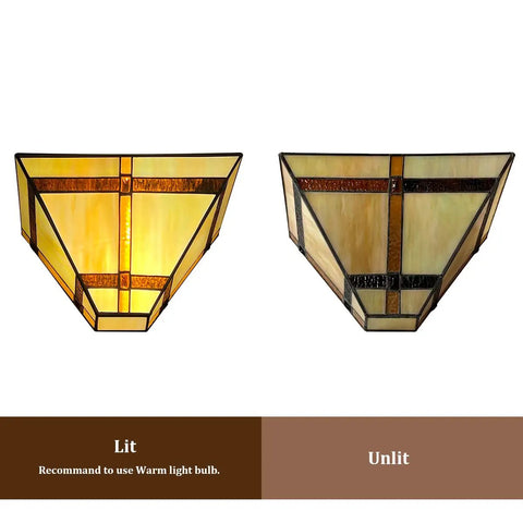 Tiffany Style 12 Inch Wide Wall Sconce lamp with stained glass Mission shade, lit and unlit views, handcrafted for wall lighting.